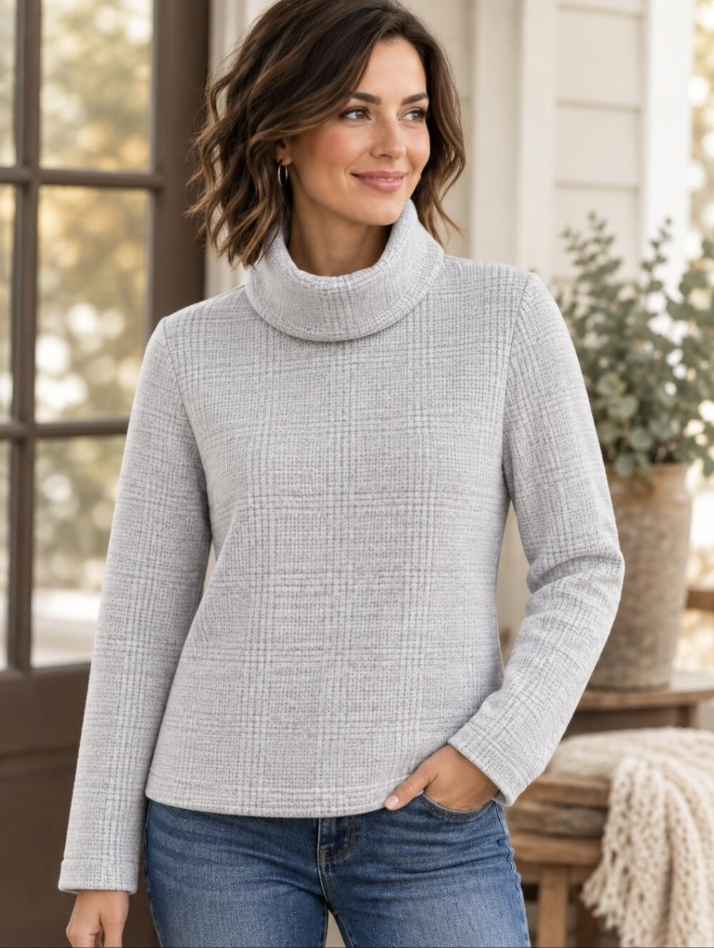 J.Crew Heather Gray Plaid Fleece Lined Turtleneck Sweater Cozy Winter Pullover M